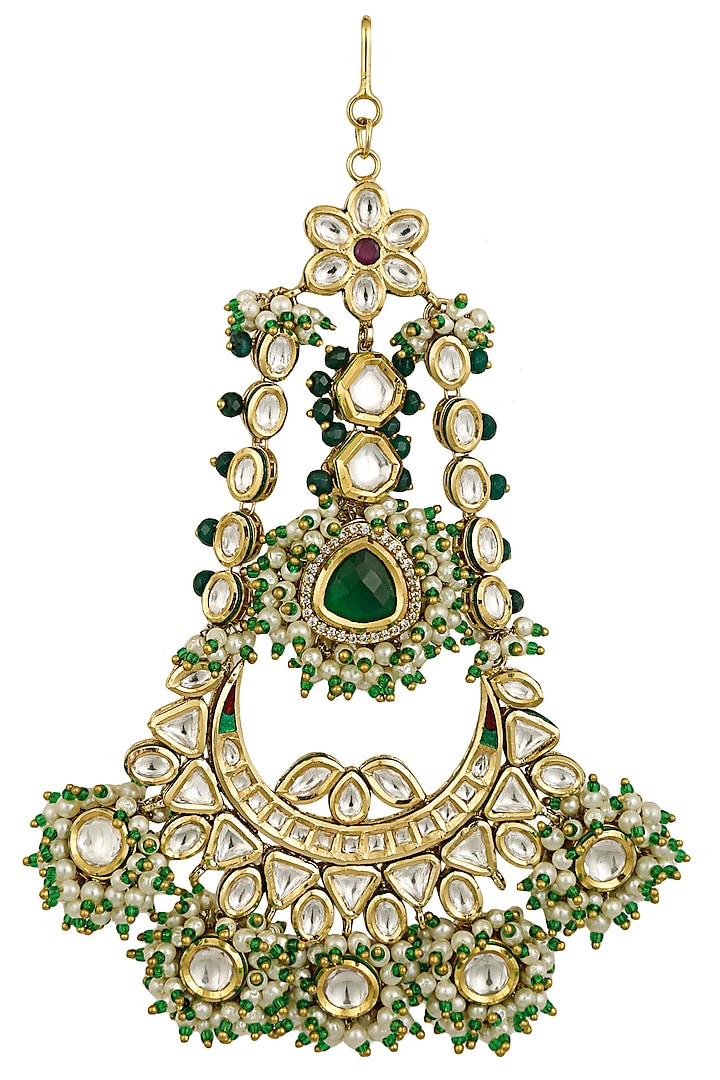 Gold Finish Kundan, Beads and Green Glass Stone Passa by Firdaus By Akshita