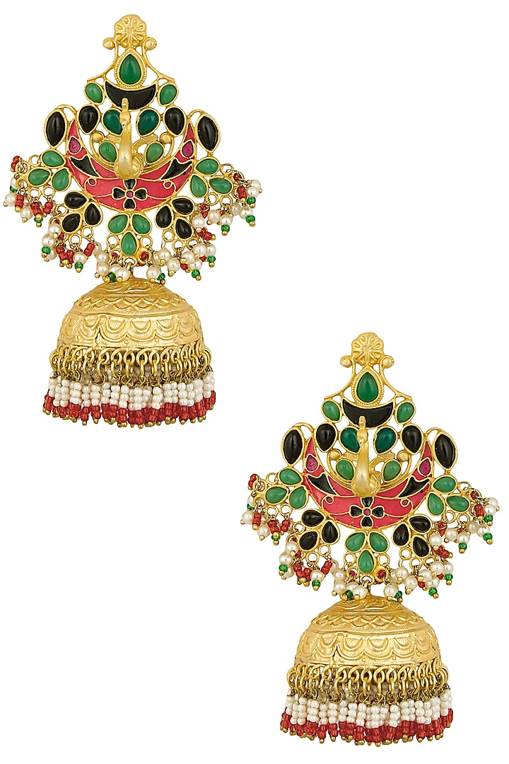Gold Finish Green and Blue Stones Peacock Jhumki Drops Earrings by Firdaus By Akshita