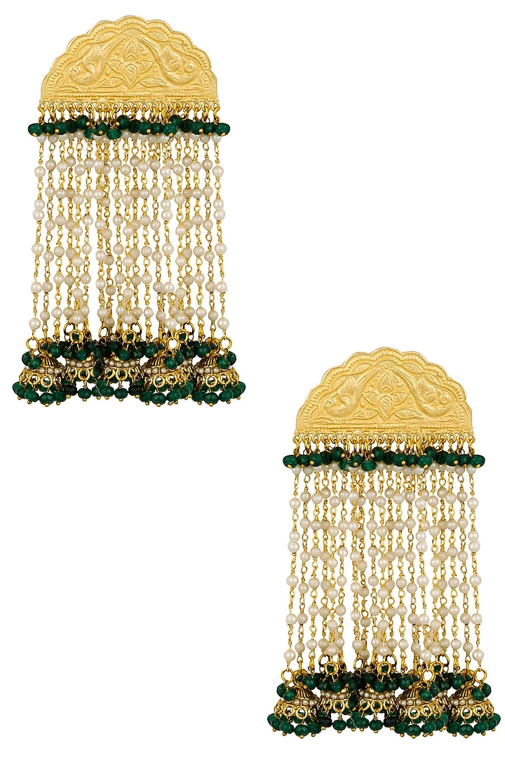 Gold Finish Green Beads and White Pearl Tassels Jhumki Earrings by Firdaus By Akshita