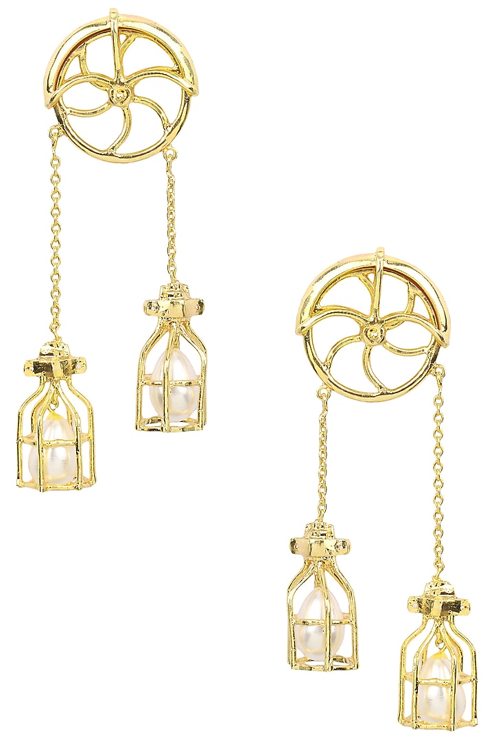 Gold Finish Pearl Caged Wheel Earrings by Firdaus By Akshita