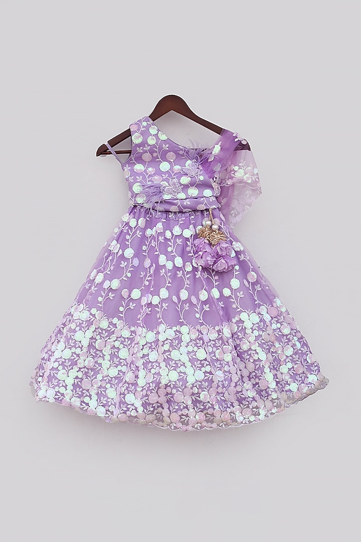 Lilac Net Embroidered Lehenga Set For Girls by Fayon Kids at Pernia's Pop Up Shop