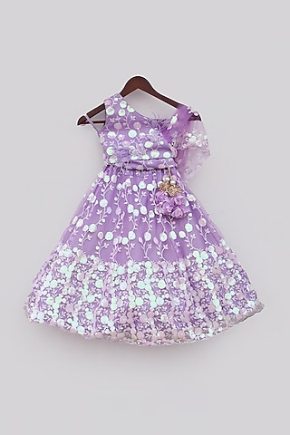 Lilac Net Embroidered Lehenga Set For Girls by Fayon Kids