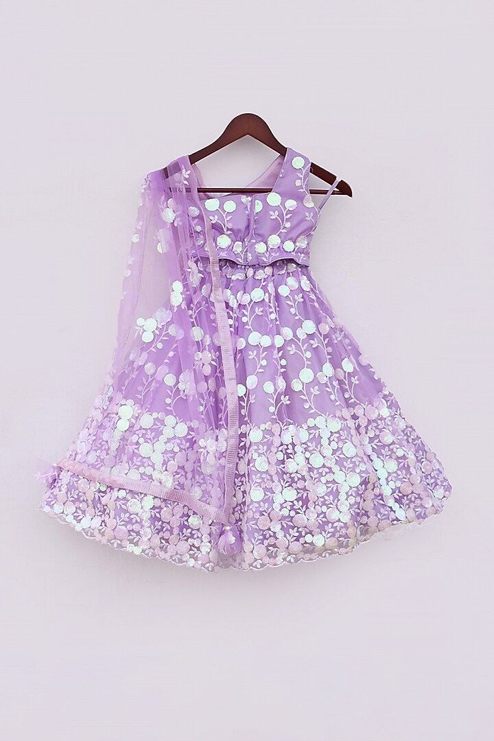 Lilac Net Embroidered Lehenga Set For Girls by Fayon Kids at Pernia's Pop Up Shop