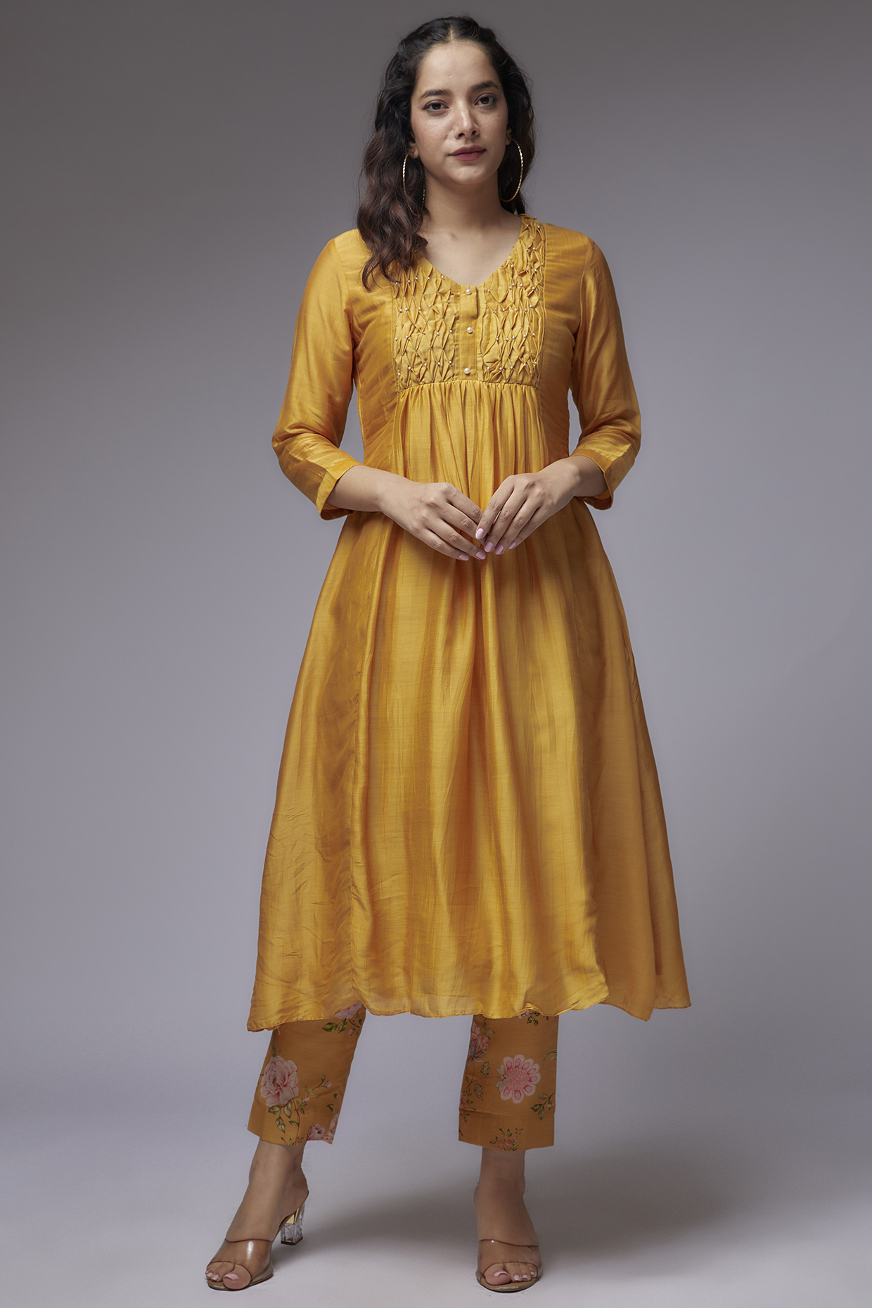 Yellow Cotton Silk Embroidered Kurta Set by Flamingo - the label