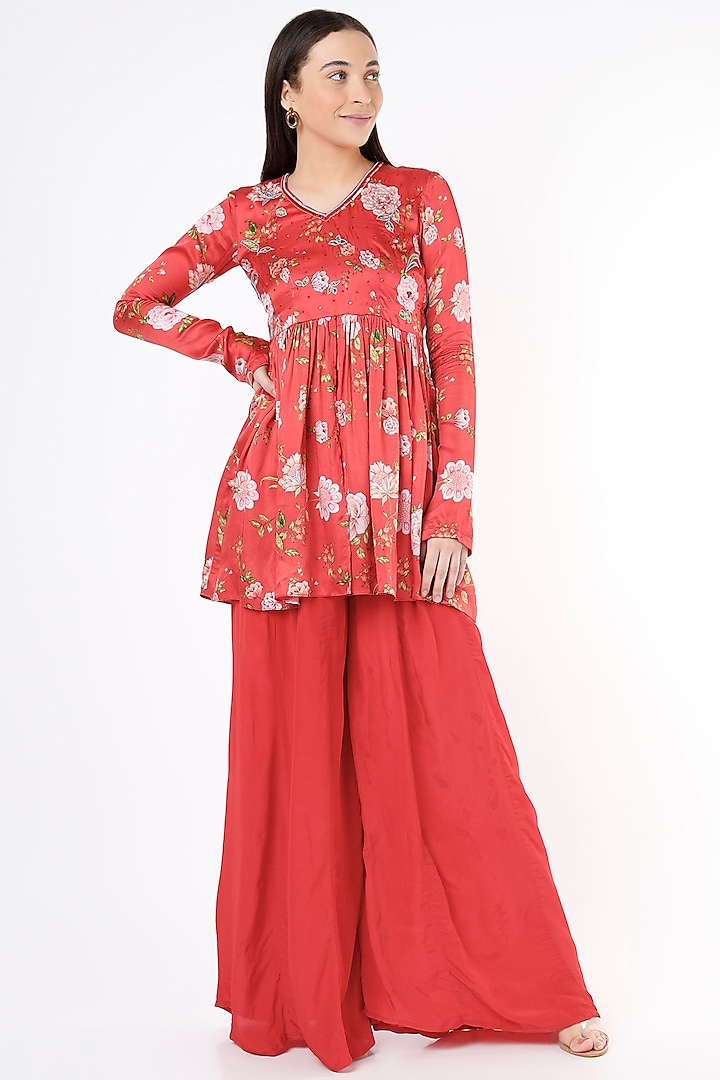 Red Printed Sharara Set by Flamingo - the label