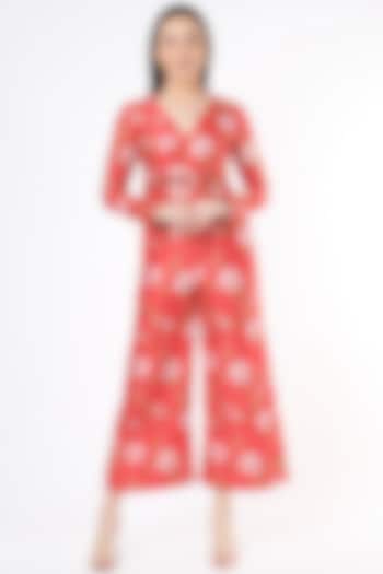 Red Printed Chanderi Jumpsuit by Flamingo - the label