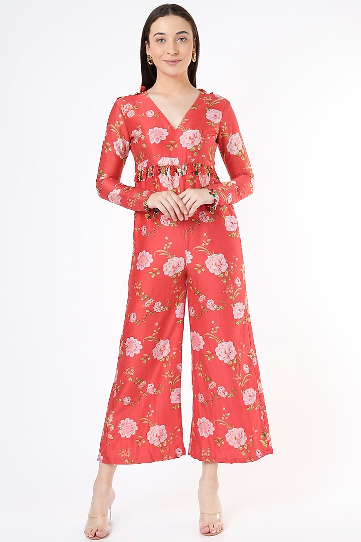 Red Printed Chanderi Jumpsuit by Flamingo - the label