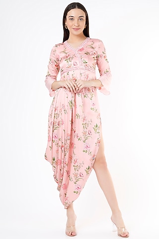 Blush Pink Printed Draped Dress by Flamingo - the label