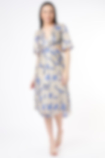Beige & Blue Printed Midi Summer Dress by Flamingo - the label at Pernia's Pop Up Shop