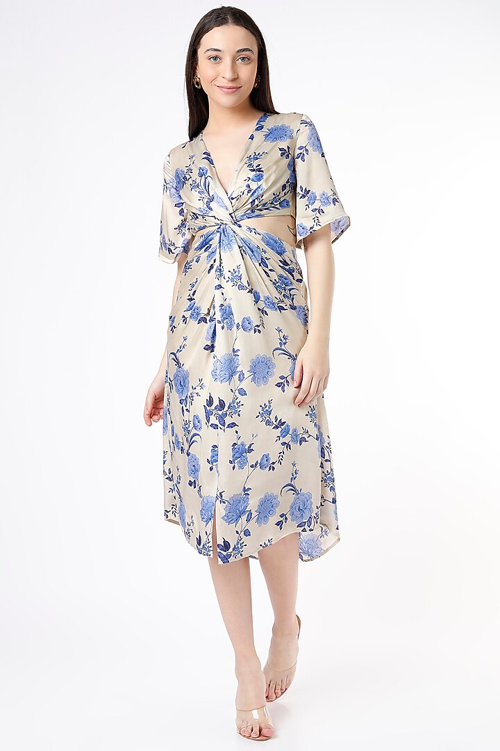Beige & Blue Printed Midi Summer Dress by Flamingo - the label at Pernia's Pop Up Shop