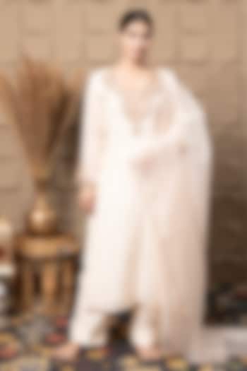Ivory Cotton Silk Sequins & Cutdana Embroidered Straight Kurta Set by Flamingo - the label at Pernia's Pop Up Shop