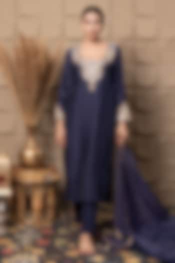 Blue Cotton Silk Sequins & Cutdana Embroidered Straight Kurta Set by Flamingo - the label at Pernia's Pop Up Shop