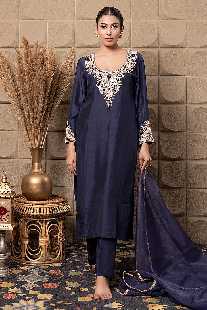Blue Cotton Silk Sequins & Cutdana Embroidered Straight Kurta Set by Flamingo - the label at Pernia's Pop Up Shop
