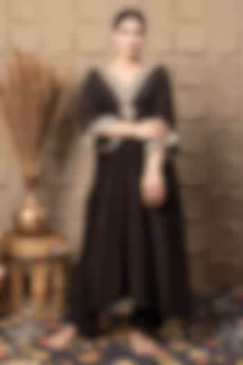 Black Cotton Silk Sequins & Cutdana Embroidered Kaftan Kurta Set by Flamingo - the label at Pernia's Pop Up Shop
