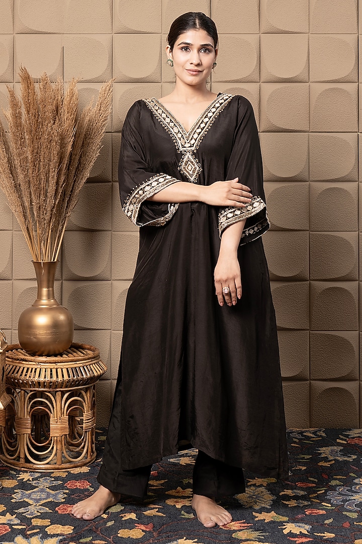 Black Cotton Silk Sequins & Cutdana Embroidered Kaftan Kurta Set by Flamingo - the label at Pernia's Pop Up Shop