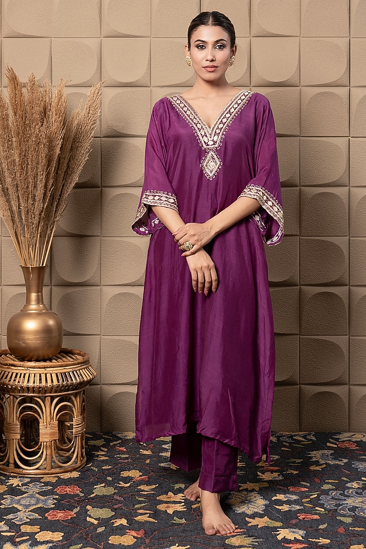 Purple Cotton Silk Sequins & Cutdana Embroidered Kaftan Kurta Set by Flamingo - the label at Pernia's Pop Up Shop