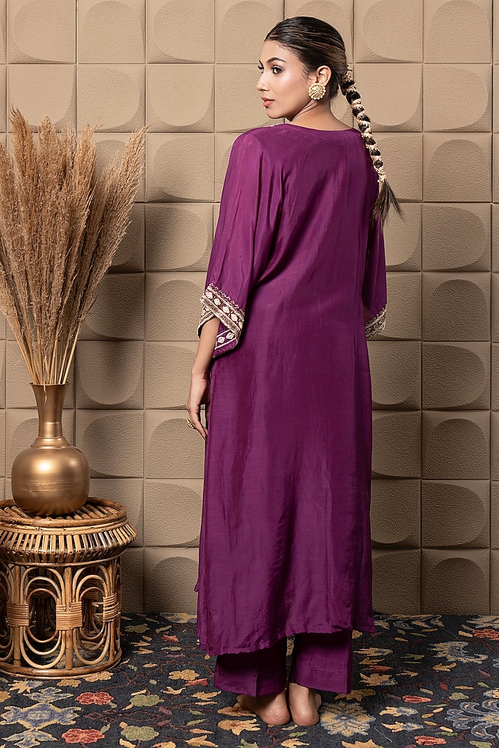 Purple Cotton Silk Sequins & Cutdana Embroidered Kaftan Kurta Set by Flamingo - the label at Pernia's Pop Up Shop