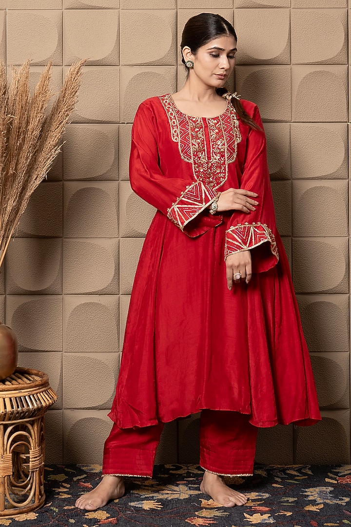 Maroon Cotton Silk Sequins & Cutdana Embroidered Choga Kurta Set by Flamingo - the label at Pernia's Pop Up Shop