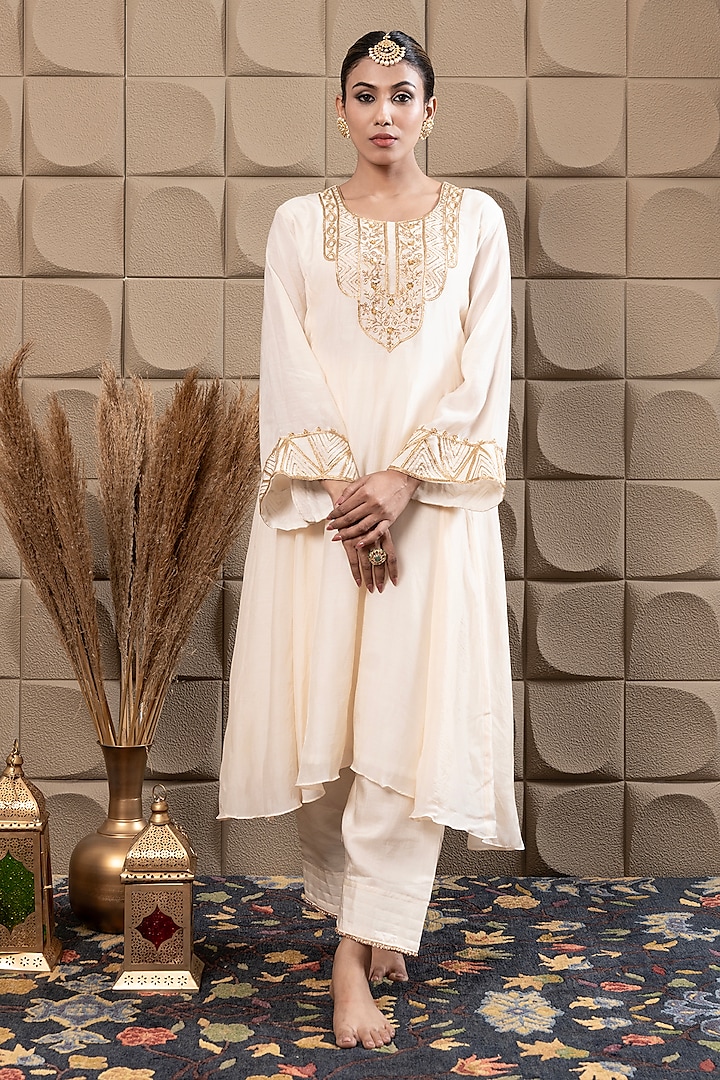 Ivory Cotton Silk Sequins & Cutdana Embroidered Choga Kurta Set by Flamingo - the label at Pernia's Pop Up Shop