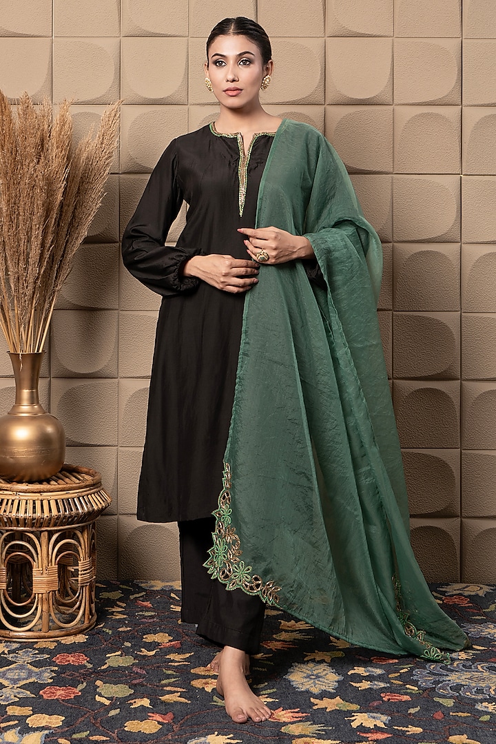 Black Cotton Silk Sequins & Cutdana Embroidered Straight Kurta Set by Flamingo - the label at Pernia's Pop Up Shop