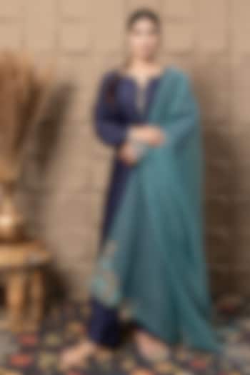 Blue Cotton Silk Sequins & Cutdana Embroidered Straight Kurta Set by Flamingo - the label at Pernia's Pop Up Shop