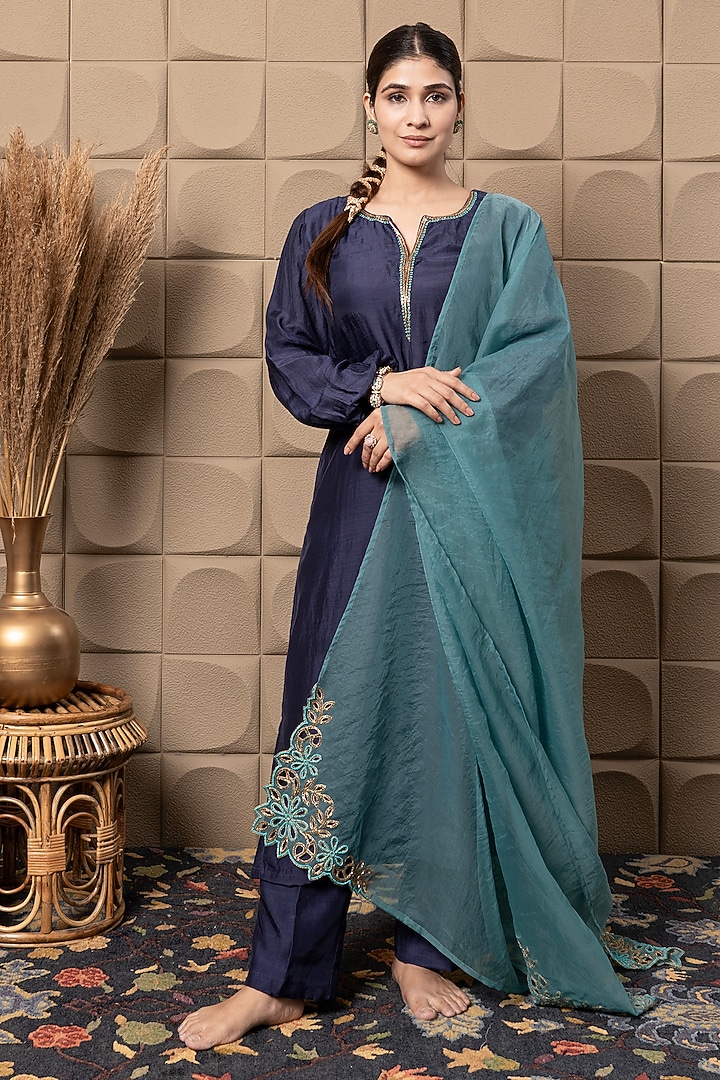 Blue Cotton Silk Sequins & Cutdana Embroidered Straight Kurta Set by Flamingo - the label at Pernia's Pop Up Shop