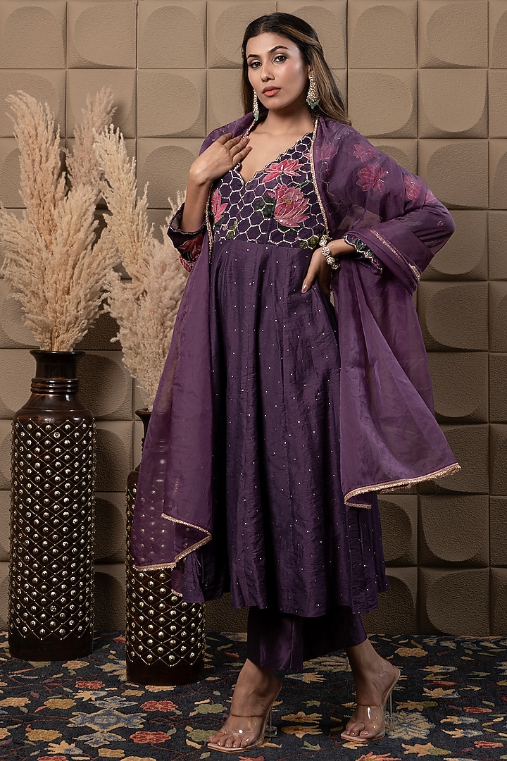 Purple Chanderi Sequin & Cutdana Embroidered Party Wear Anarkali Set by Flamingo - the label at Pernia's Pop Up Shop