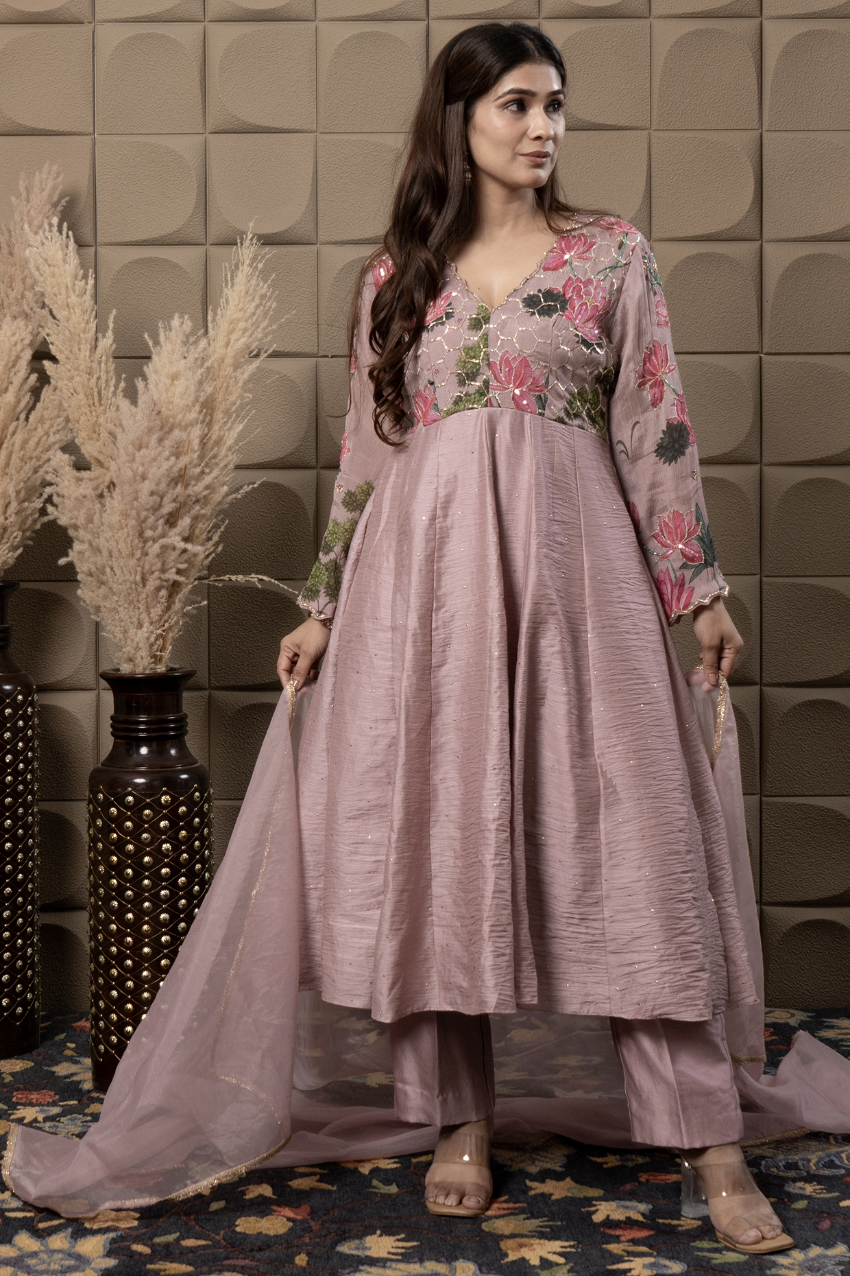 Pink Chanderi Sequin & Cutdana Embroidered Party Wear Anarkali Set by Flamingo - the label at Pernia's Pop Up Shop