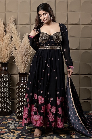 Black Chiffon Printed & Hand Embroidered Corset Anarkali Set by Flamingo - the label