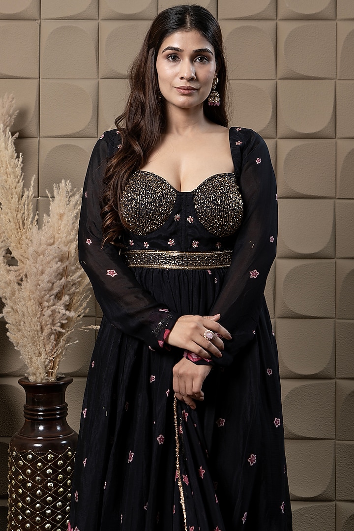 Black Chiffon Printed & Hand Embroidered Corset Party Wear Anarkali Set by Flamingo - the label at Pernia's Pop Up Shop