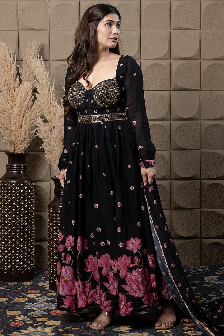 Black Chiffon Printed & Hand Embroidered Corset Party Wear Anarkali Set by Flamingo - the label at Pernia's Pop Up Shop