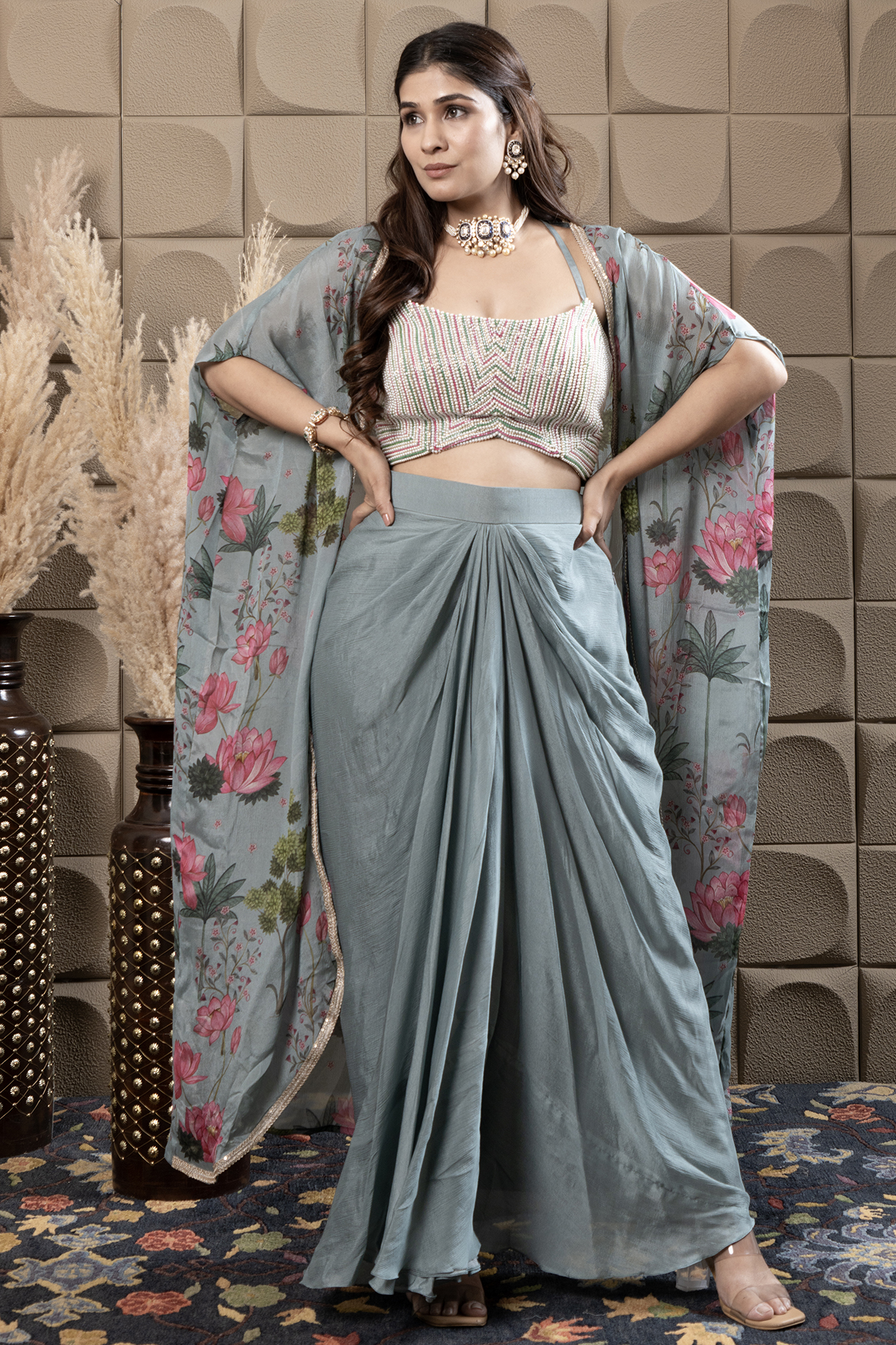 Aqua Chiffon Draped Skirt Set by Flamingo - the label at Pernia's Pop Up Shop