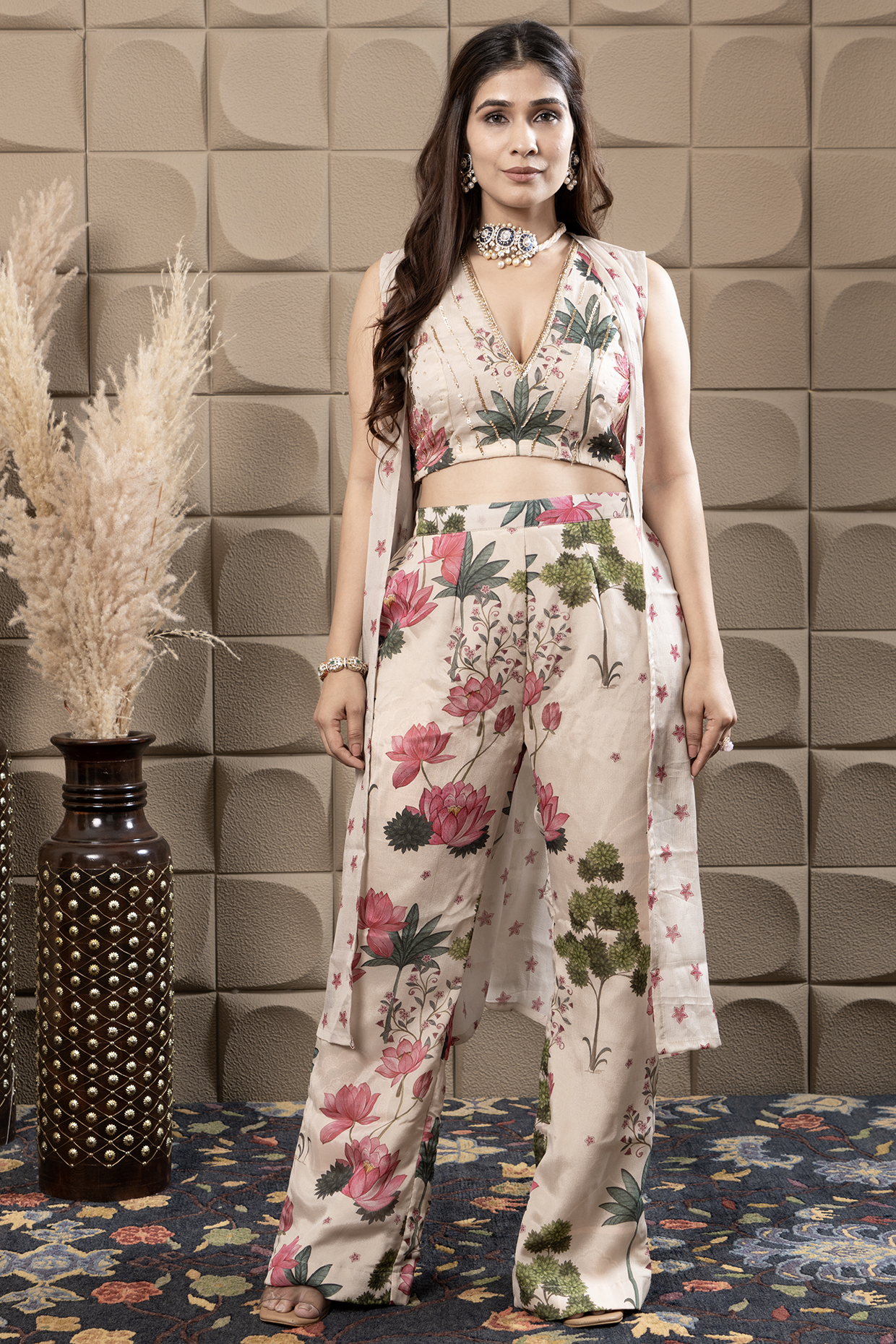 Ivory Chiffon Printed Flared Pant Set by Flamingo - the label at Pernia's Pop Up Shop
