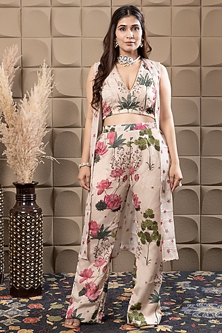 Ivory Chiffon Printed Flared Pant Set by Flamingo - the label