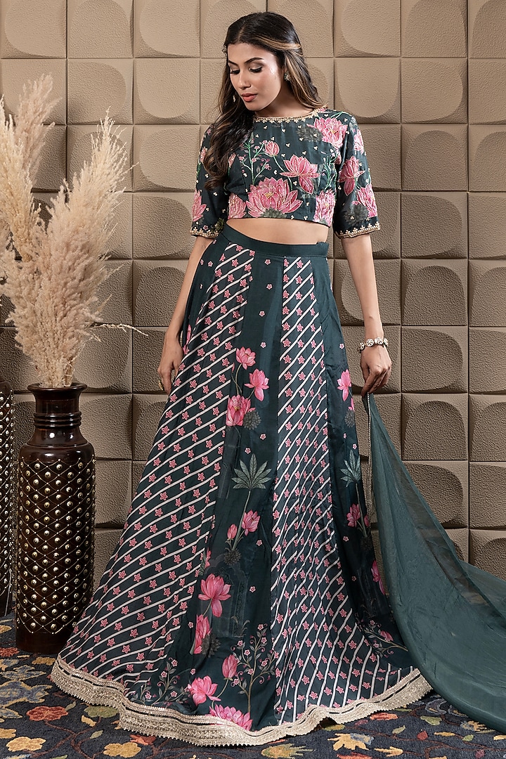 Green Cotton Silk Sequin & Cutdana Embroidered Kalidar Lehenga Set by Flamingo - the label at Pernia's Pop Up Shop