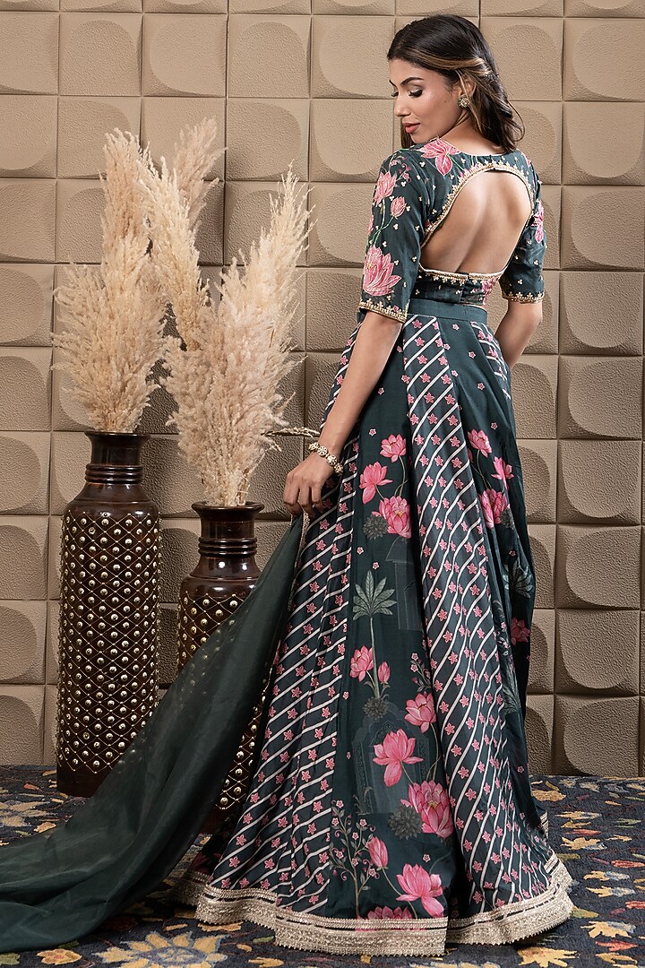 Green Cotton Silk Sequin & Cutdana Embroidered Kalidar Lehenga Set by Flamingo - the label at Pernia's Pop Up Shop
