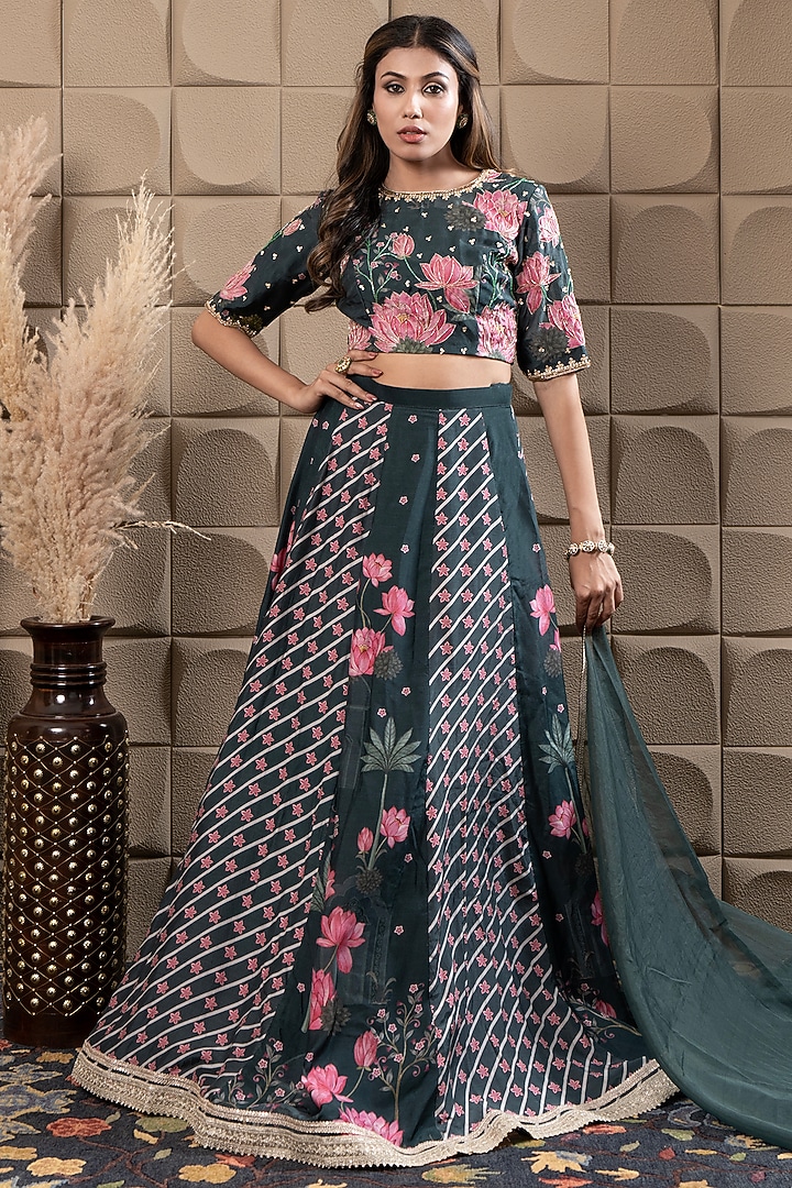 Green Cotton Silk Sequin & Cutdana Embroidered Kalidar Lehenga Set by Flamingo - the label at Pernia's Pop Up Shop