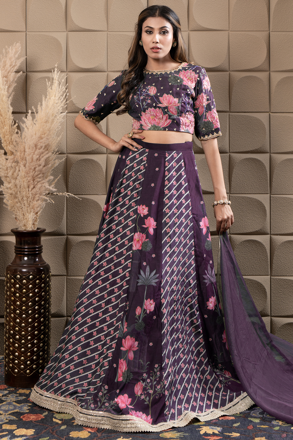 Mauve Cotton Silk Sequin & Cutdana Embroidered Kalidar Lehenga Set by Flamingo - the label at Pernia's Pop Up Shop
