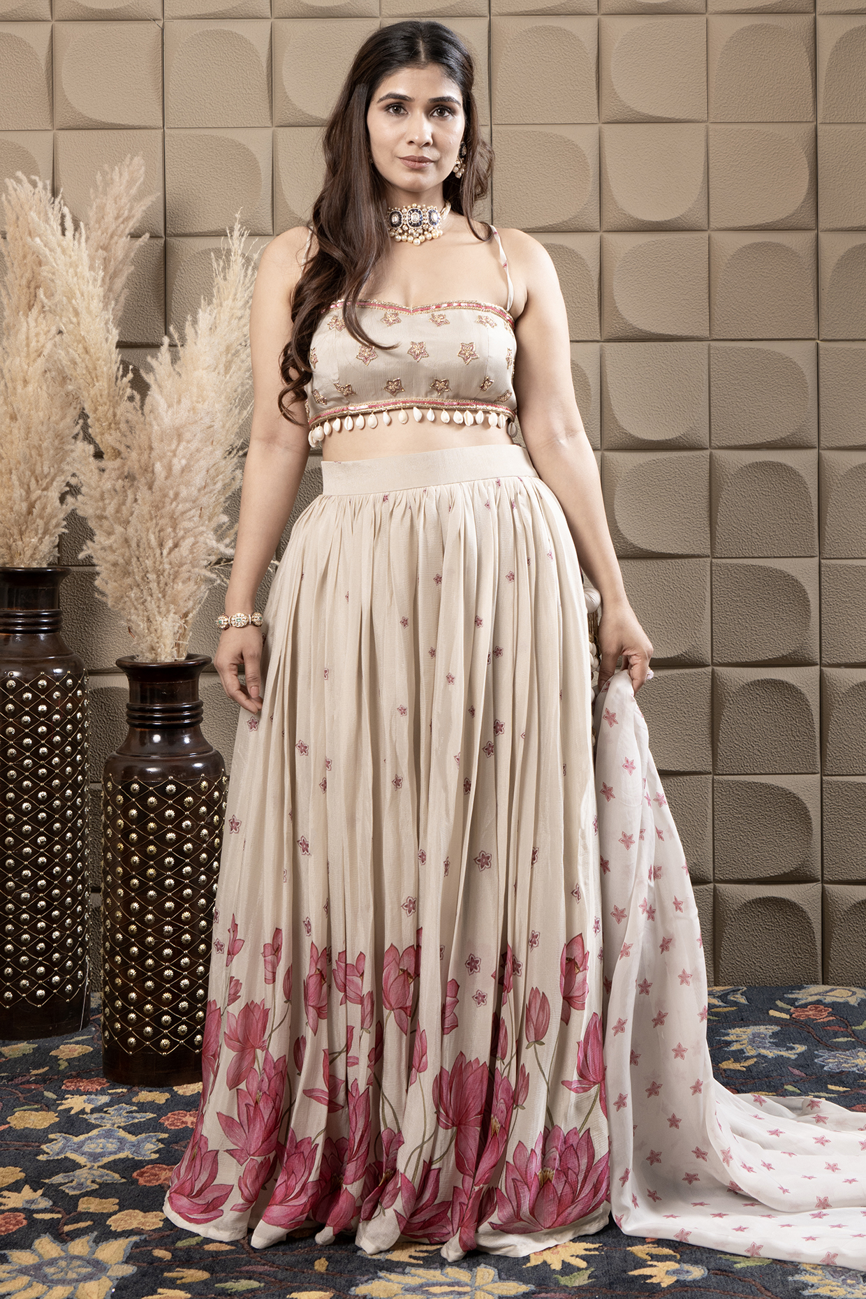 Ivory Organza Printed Gathered Lehenga Set by Flamingo - the label at Pernia's Pop Up Shop