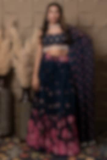 Navy Blue Organza Printed Gathered Lehenga Set by Flamingo - the label at Pernia's Pop Up Shop