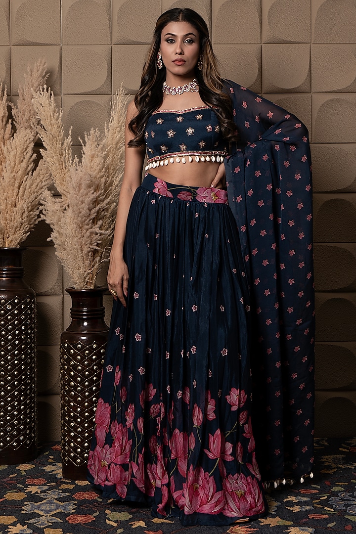 Navy Blue Organza Printed Gathered Lehenga Set by Flamingo - the label at Pernia's Pop Up Shop