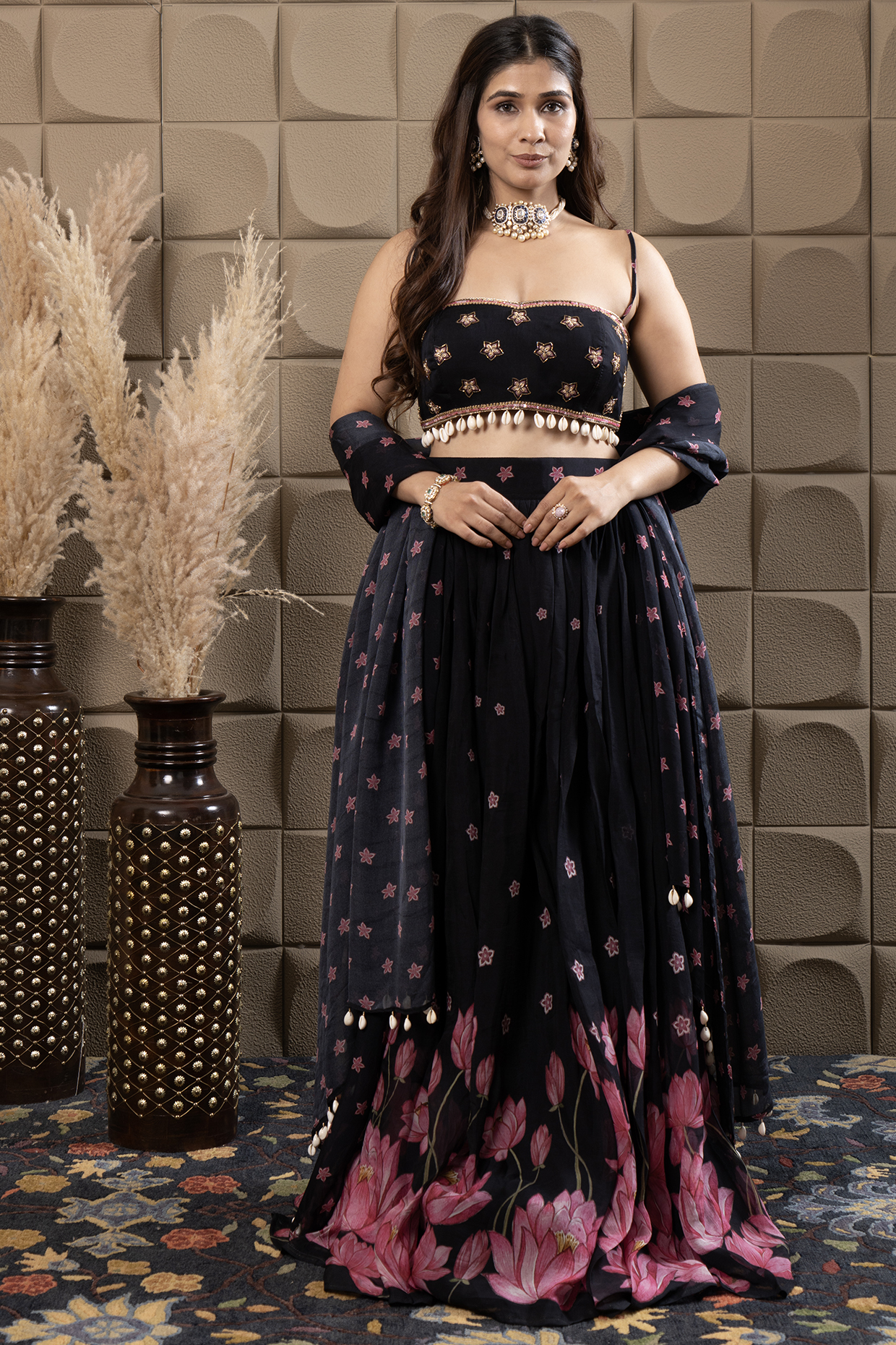 Black Organza Printed Gathered Lehenga Set by Flamingo - the label at Pernia's Pop Up Shop