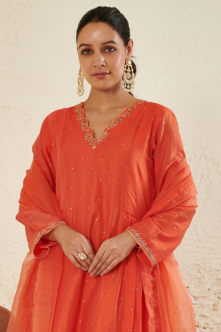 Orange Chanderi Embroidered Kurta Set by Flamingo - the label at Pernia's Pop Up Shop