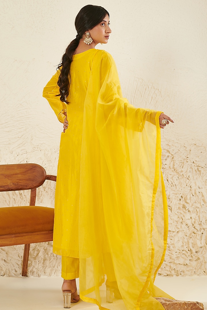 Yellow Chanderi Embroidered Kurta Set by Flamingo - the label at Pernia's Pop Up Shop