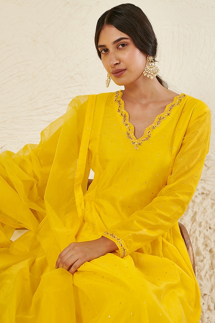 Yellow Chanderi Embroidered Kurta Set by Flamingo - the label at Pernia's Pop Up Shop