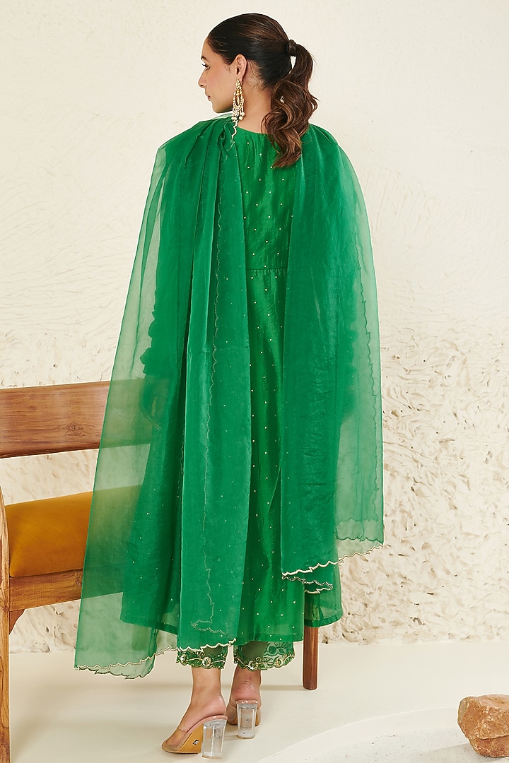 Green Chanderi Embroidered Kurta Set by Flamingo - the label at Pernia's Pop Up Shop