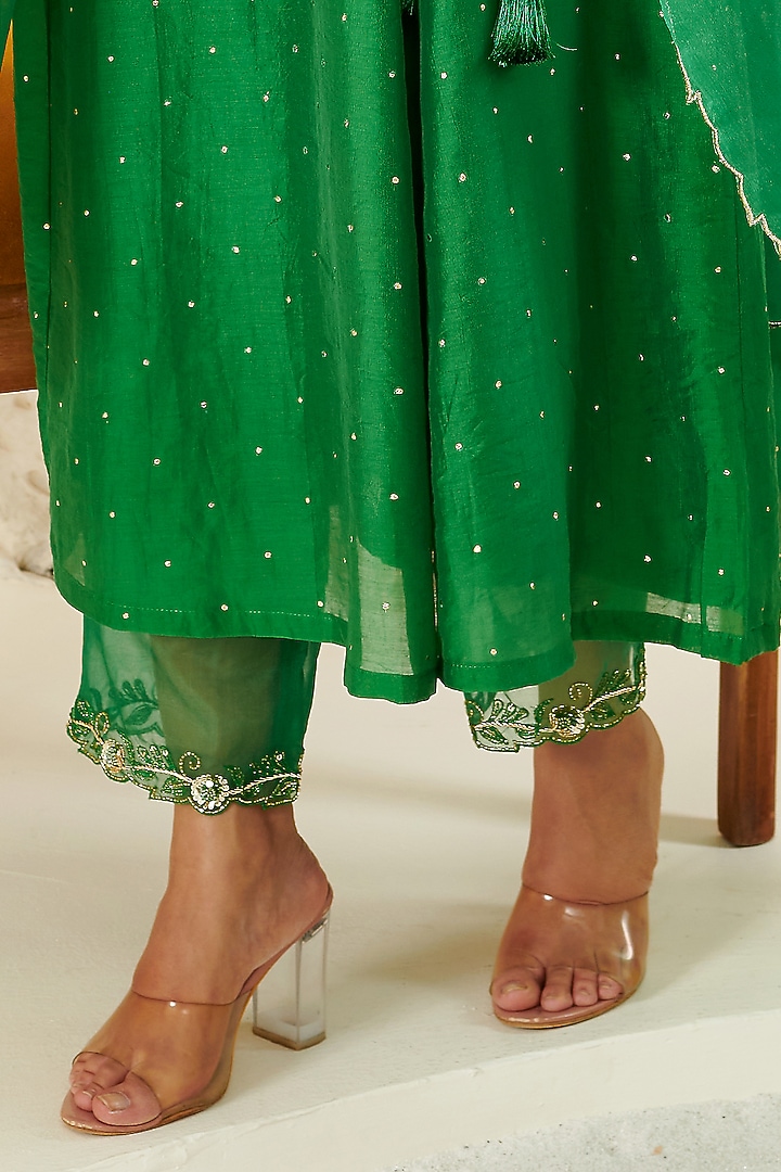 Green Chanderi Embroidered Kurta Set by Flamingo - the label at Pernia's Pop Up Shop