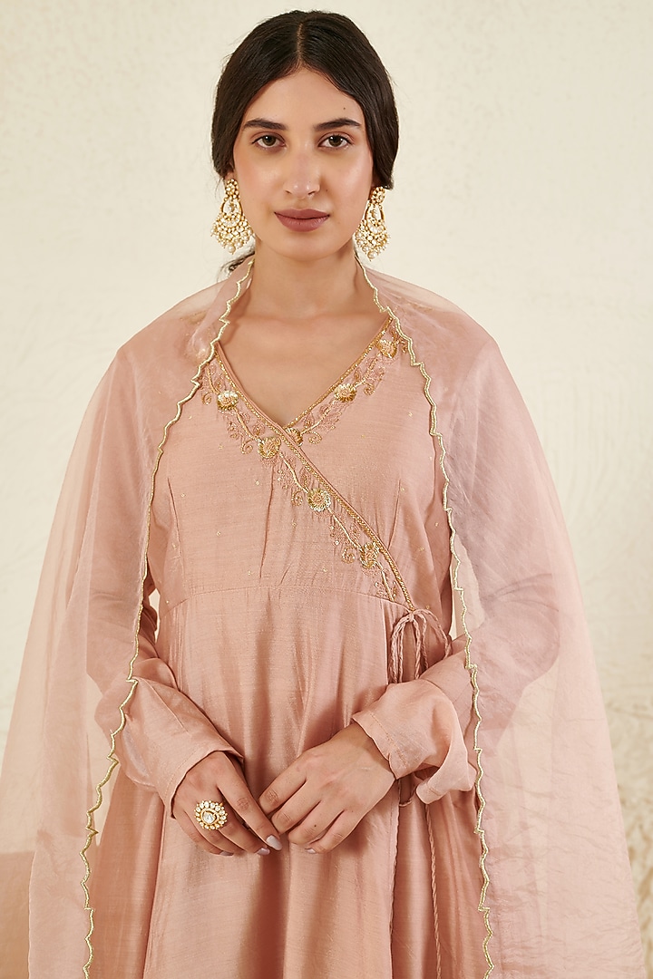 Peach Chanderi Embroidered Kurta Set by Flamingo - the label at Pernia's Pop Up Shop