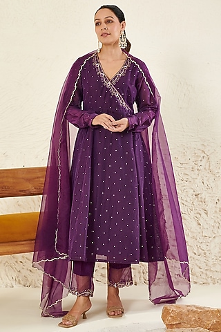 Purple Chanderi Embroidered Kurta Set by Flamingo - the label