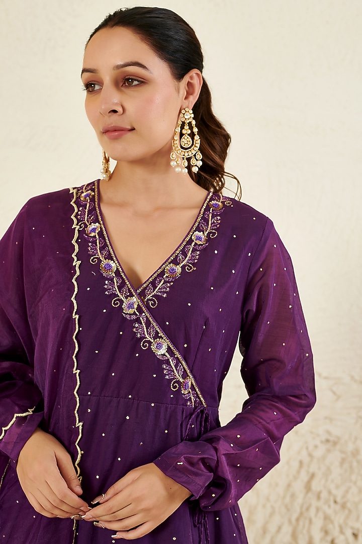 Purple Chanderi Embroidered Kurta Set by Flamingo - the label at Pernia's Pop Up Shop